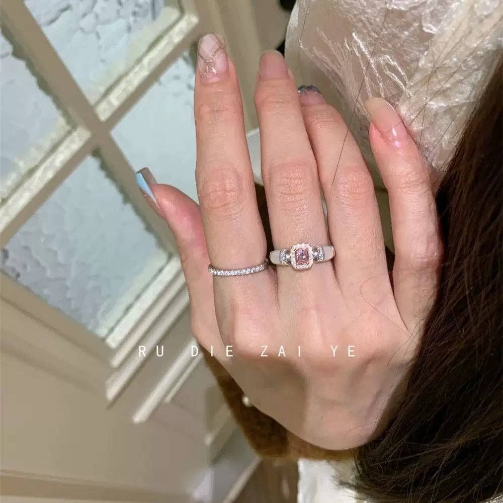 Pavé Crystal Mother-of-Pearl Ring: Silver-Tone / Sugar Cube Ring / Adjustable