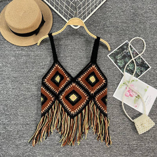 Checkered Bohemian Tassel Camisole: BLACK