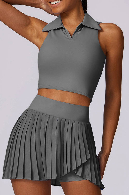 Premium solid color crop polo shirt with pleated skort set  (Copy): Gray