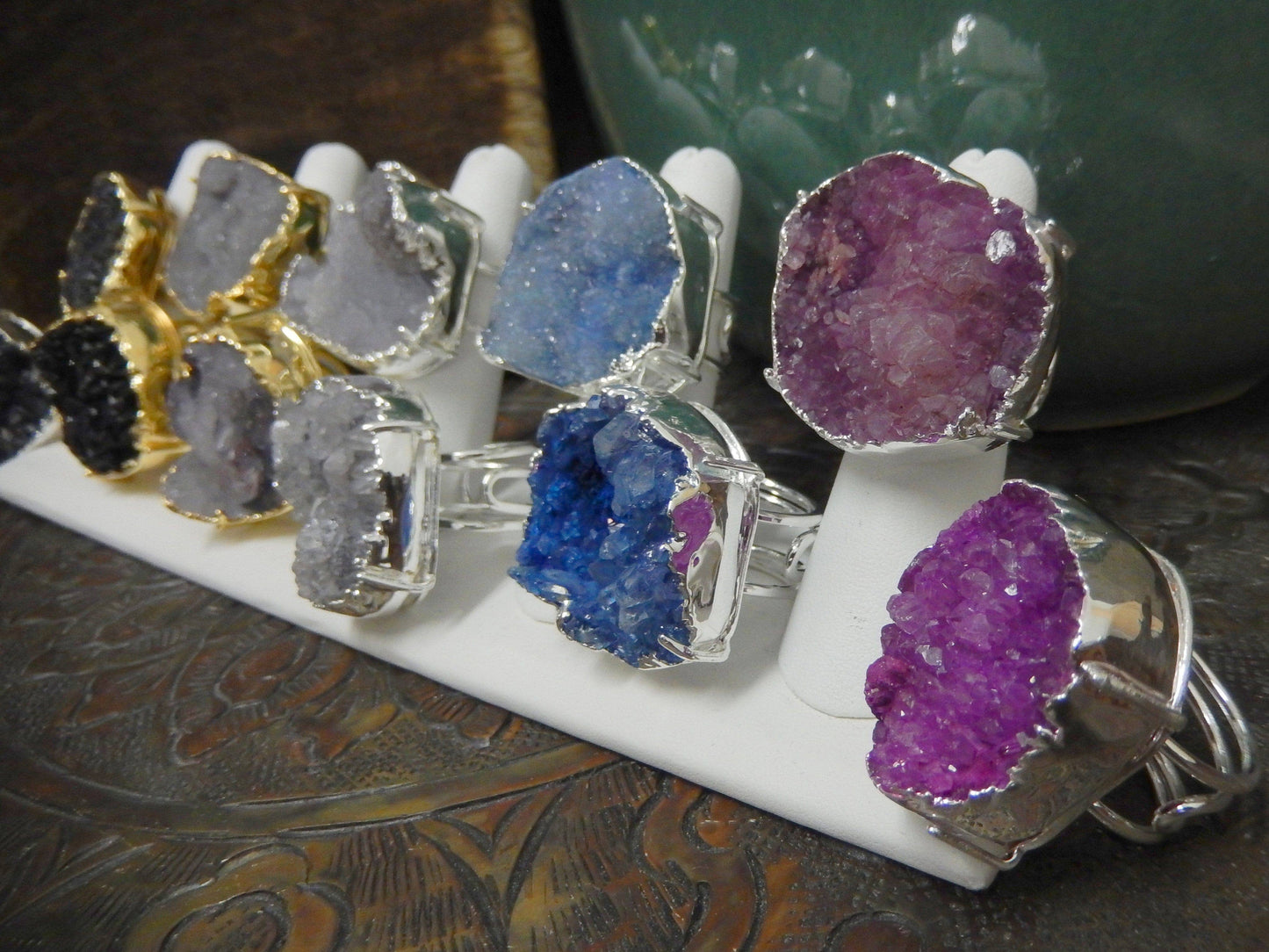 Druzy Ring - Adjustable Size - Stone Edged in Electroplated in 24k Gold or Silver: Silver / Dark
