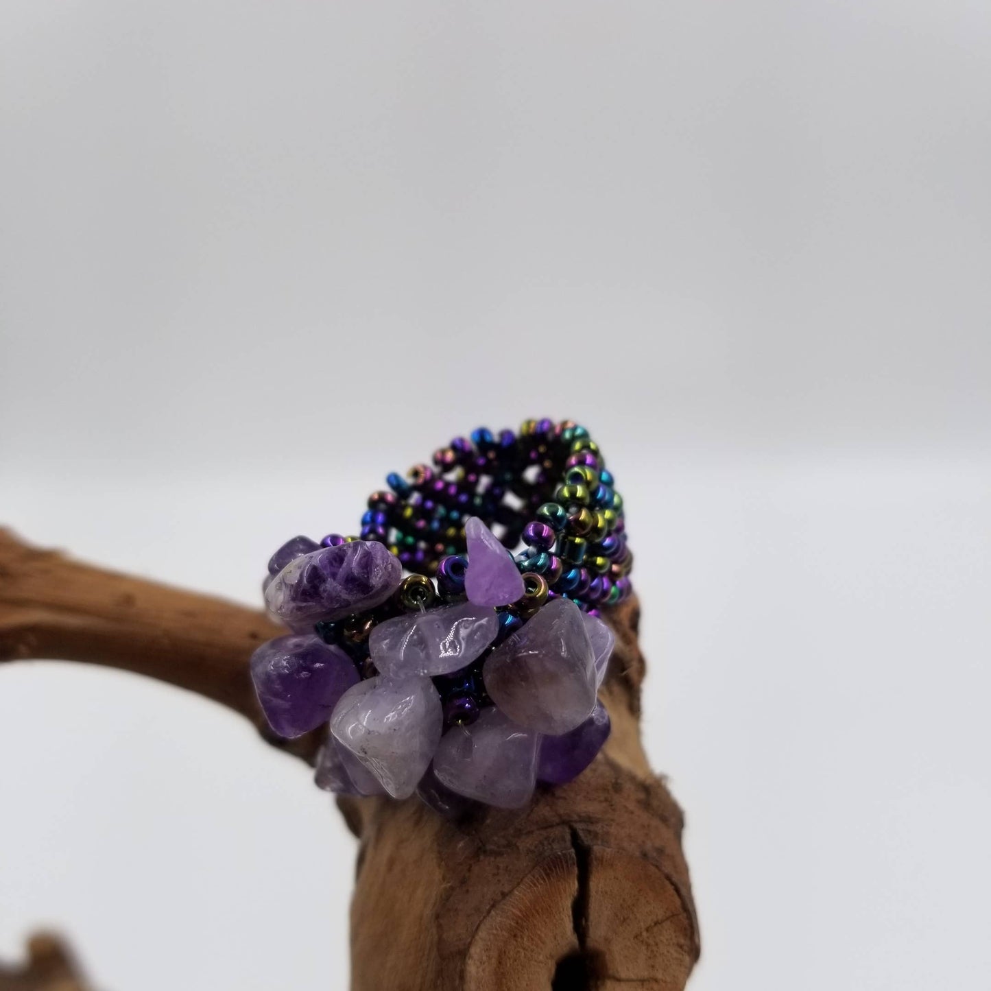 Natural Amethyst Crushed Stone Seed Bead Elastic Ring