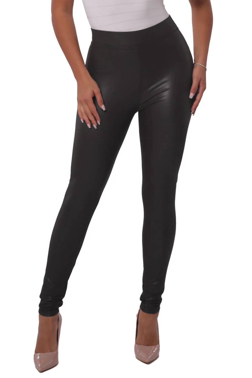 Fleece lined  basic faux leather skinny PU legging pants: Black