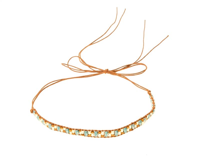 HB-1339 Hat Band - Blue & Wood Beads - New!