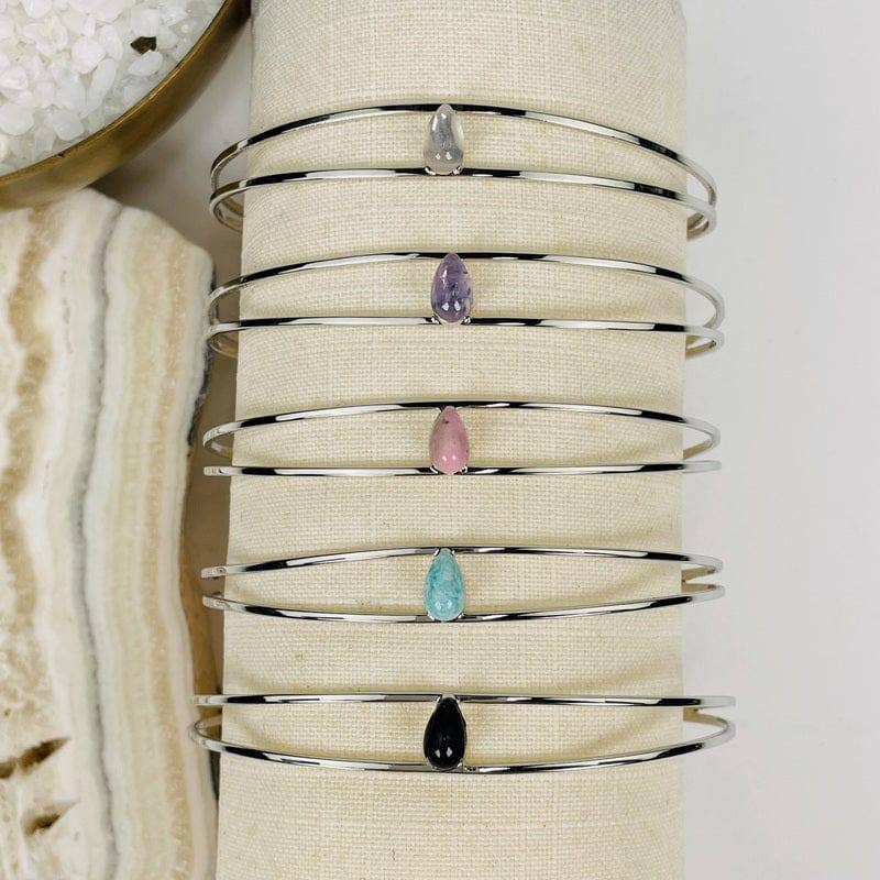 Crystal Droplet Gemstone Bracelets: Silver / Black Obsidian