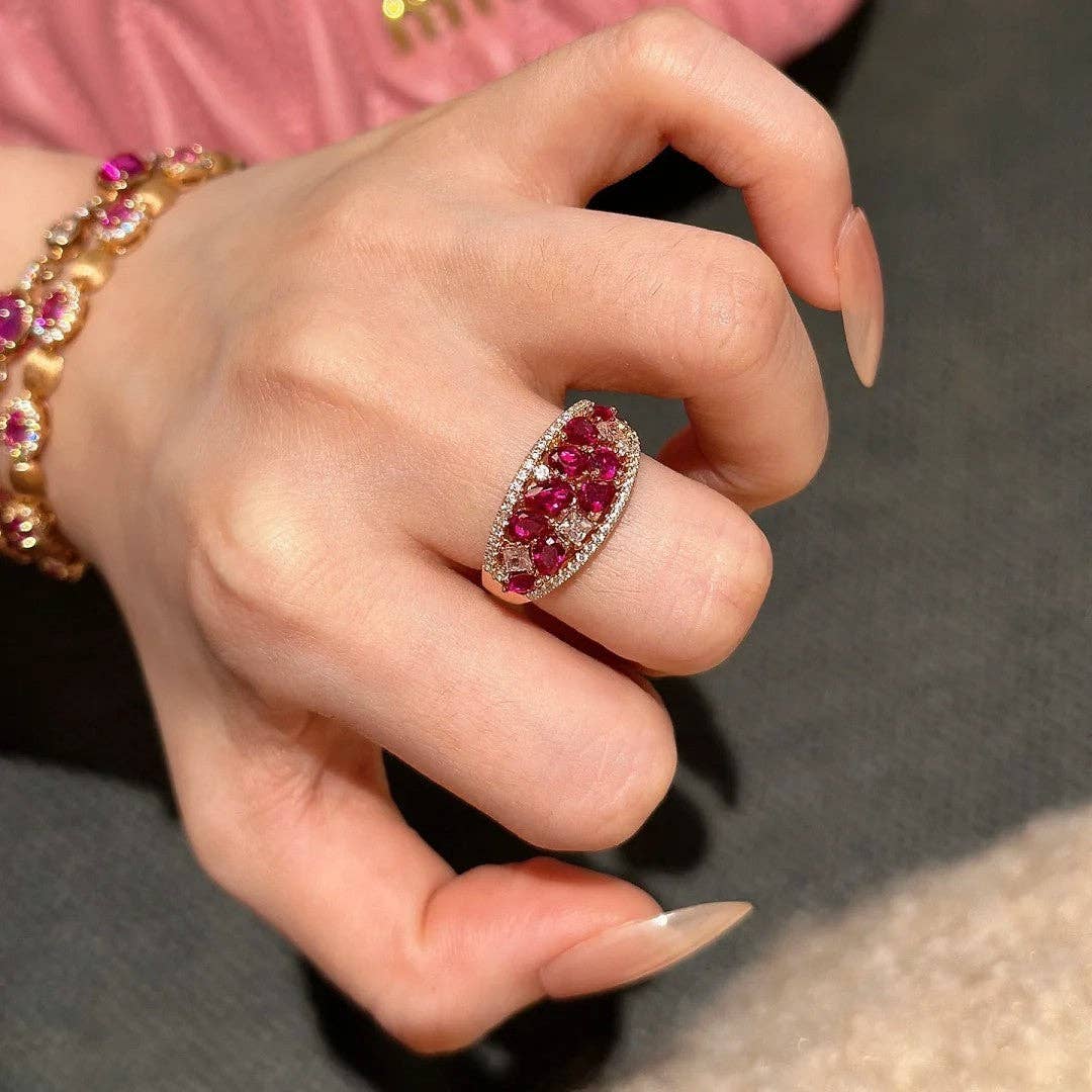 Pavé Crystal Floral Ring: Champagne / Red Corundum Pavé Ring / Adjustable