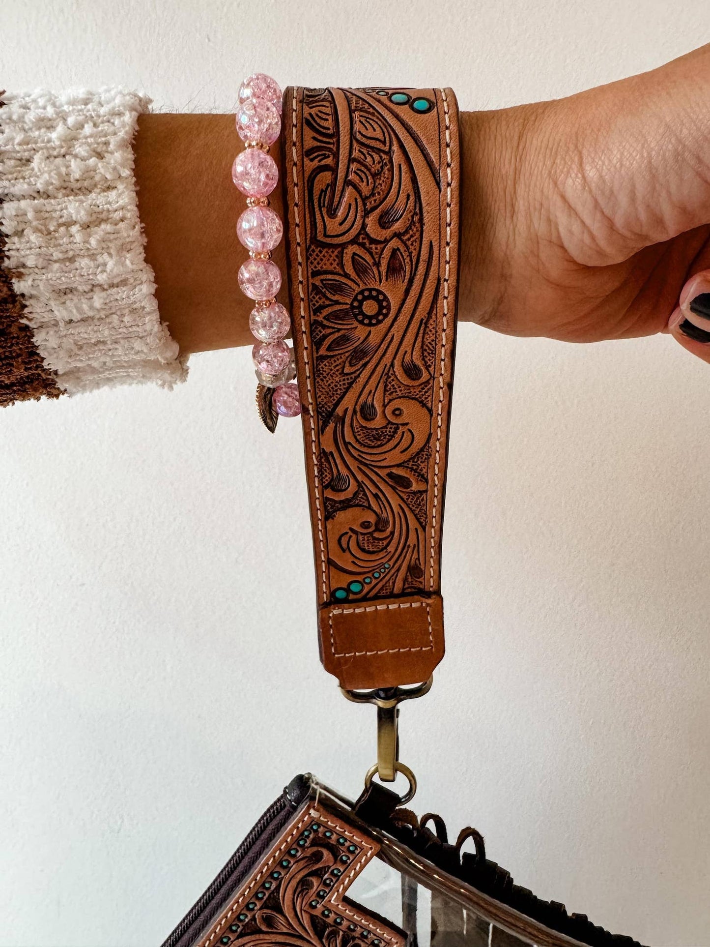 Hand Tooled Leather Keychain - Key Fob: SKINNY - TAN