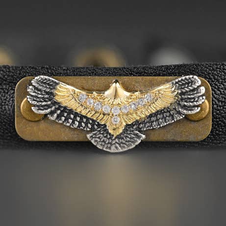 Leather Stacker Cuff w/ Freedom Eagle and Delicate Crystals: Black