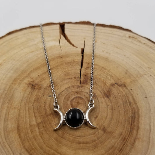 Natural Stone Double Moon Guardian Stone Necklace: Black