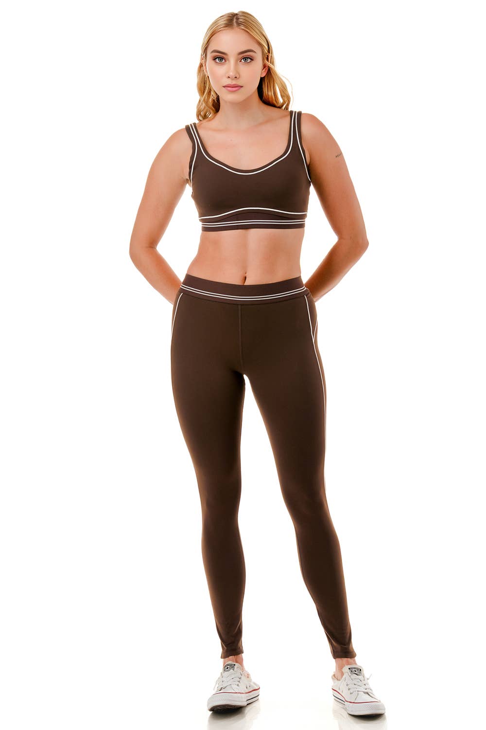 Premium sports bra with matching white trim line legging set: Black