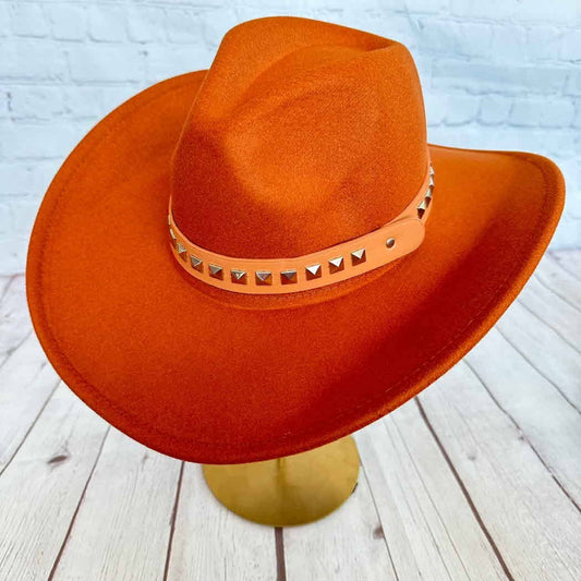 Vegan Cattlemen Cowboy Hat with Embellishments leather Belt: RUST / ONE SIZE