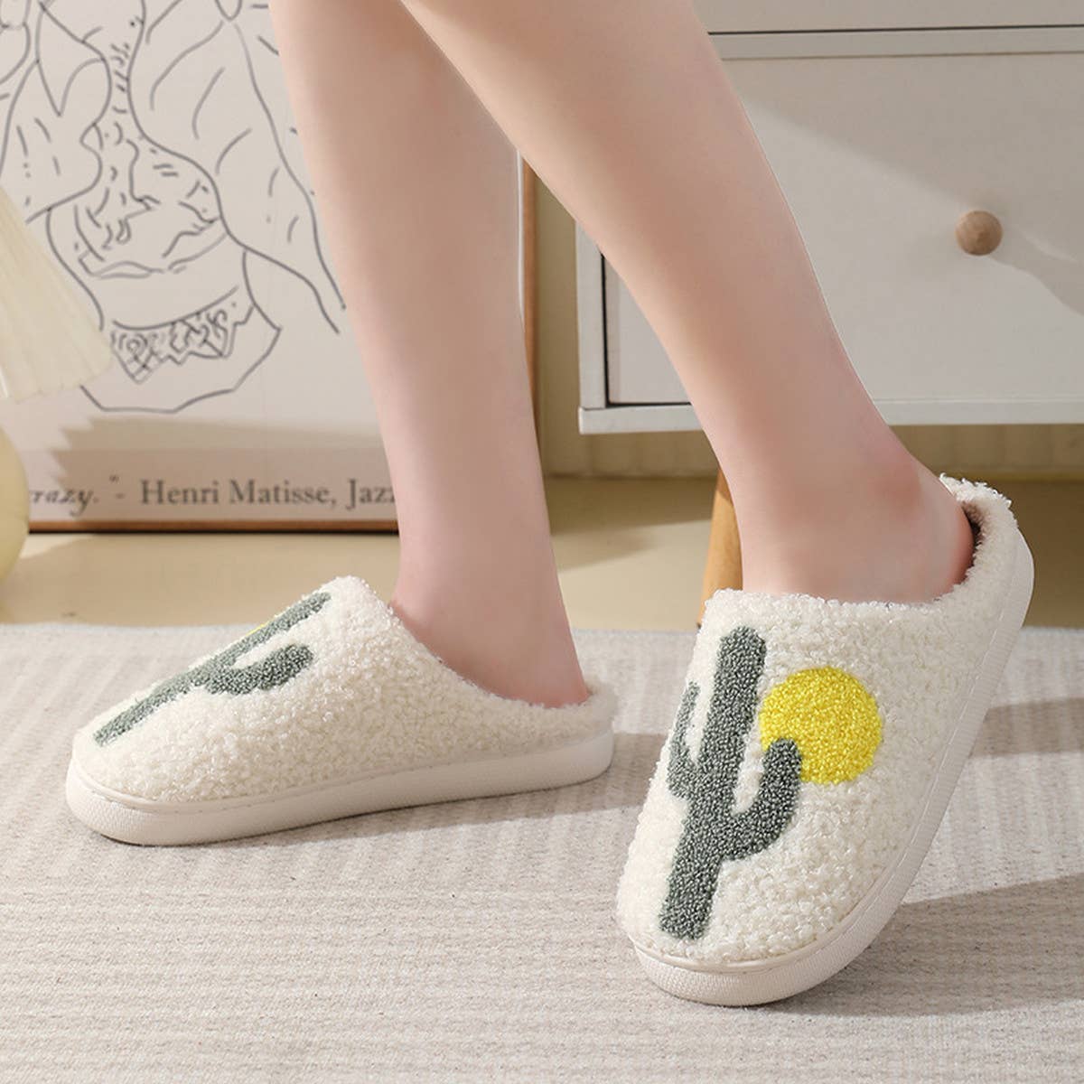 CACTUS PATTERN WARM COTTON SLIPPERS_CWSHS0285: White / (8) 1