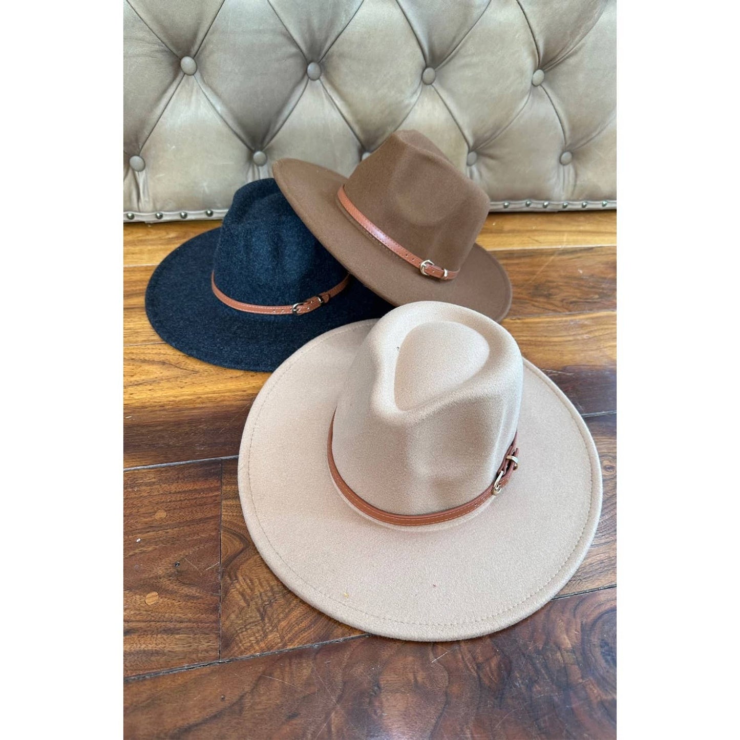 Wide Brim Fedora Hat With leather Belt: CHARCOAL / ONE SIZE