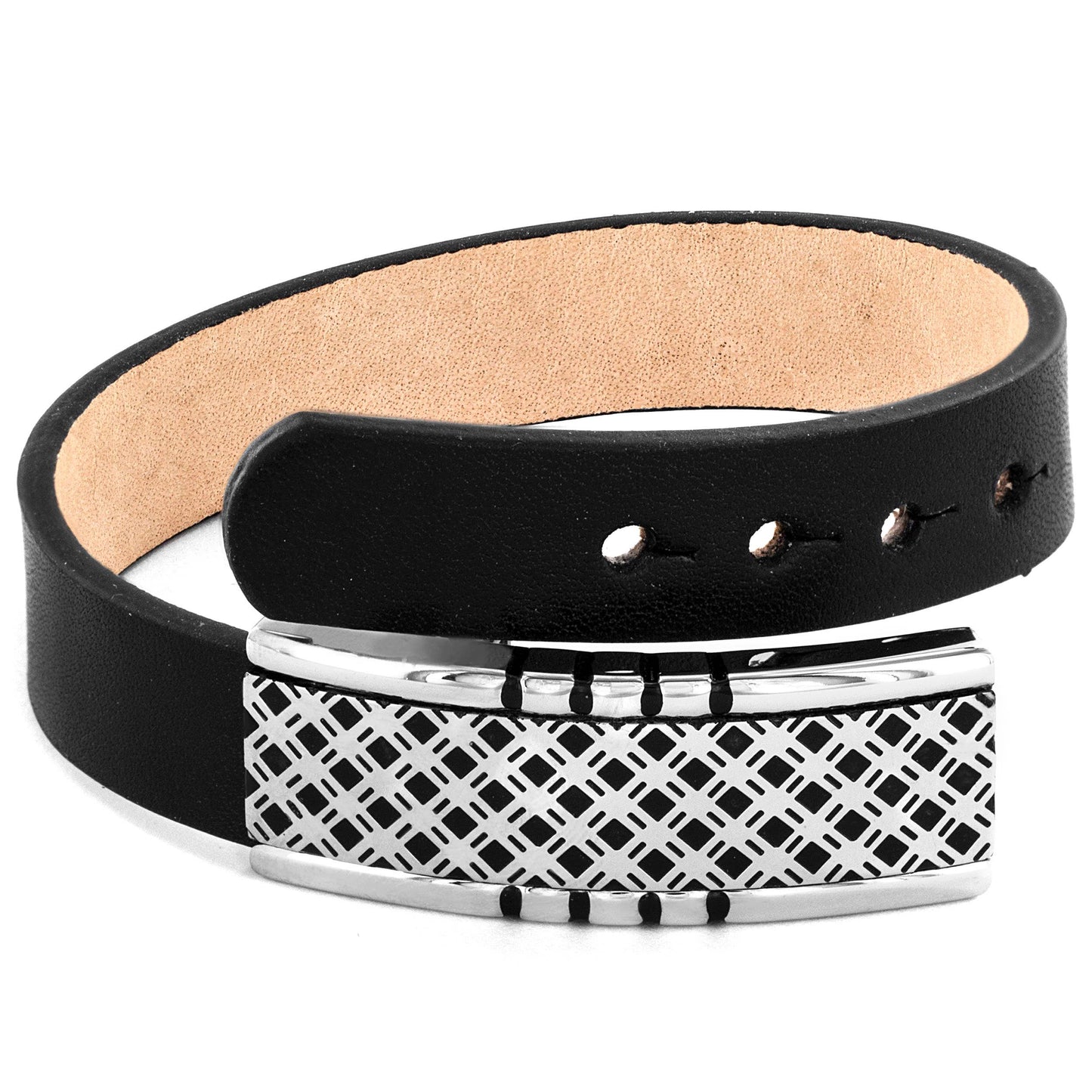 Lattice Buckle Clasp Black Leather Bracelet