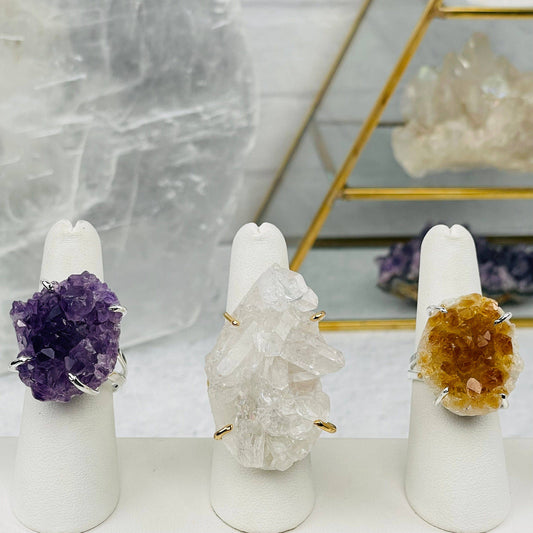 Crystal Cluster Ring Amethyst Citrine Crystal Quartz -: Amethyst / Silver