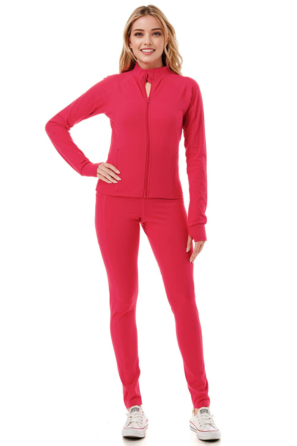 Solid color activewear define jacket with yoga legging set  : Black