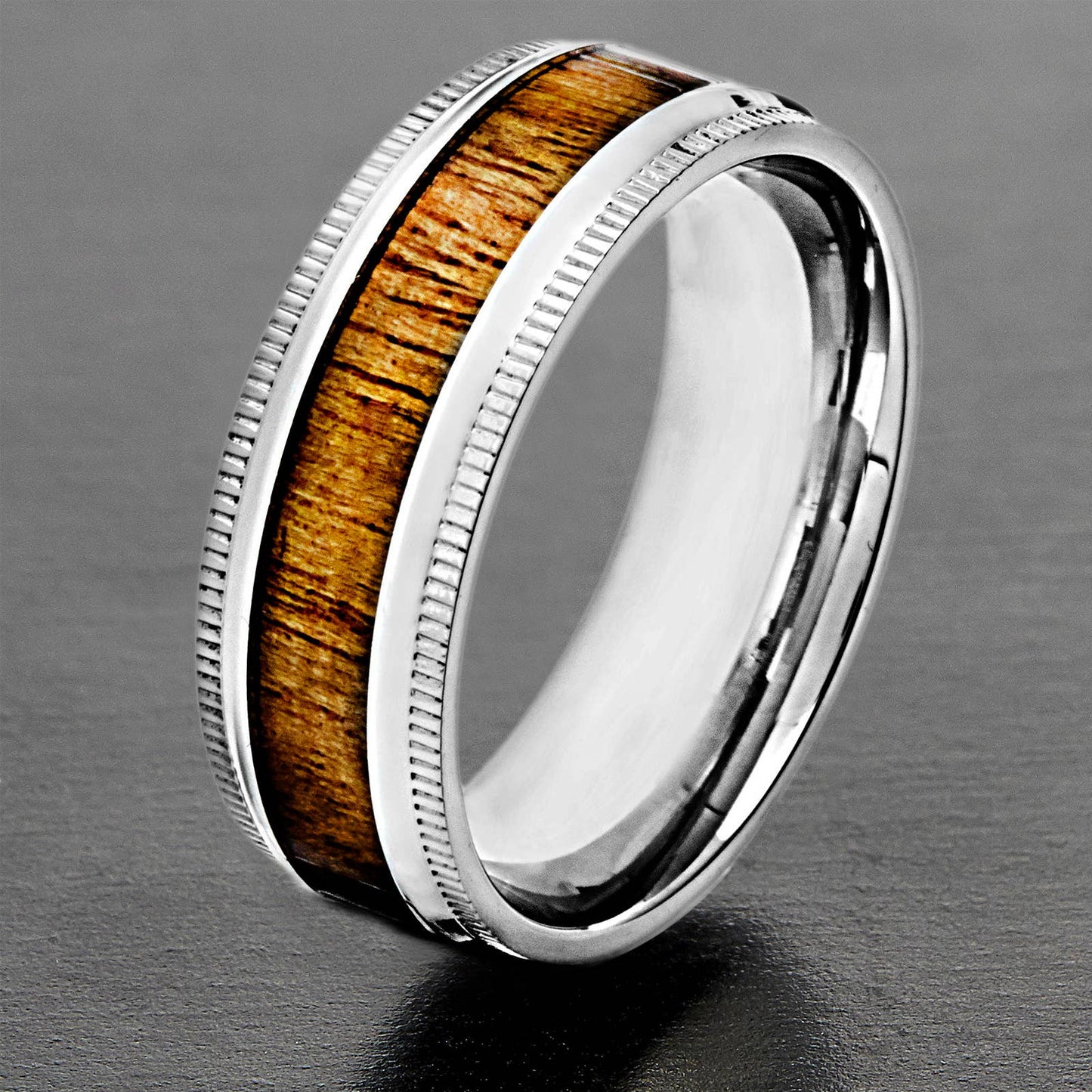 Wood Inlay Ridged Edge Stainless Steel Band Ring: 8