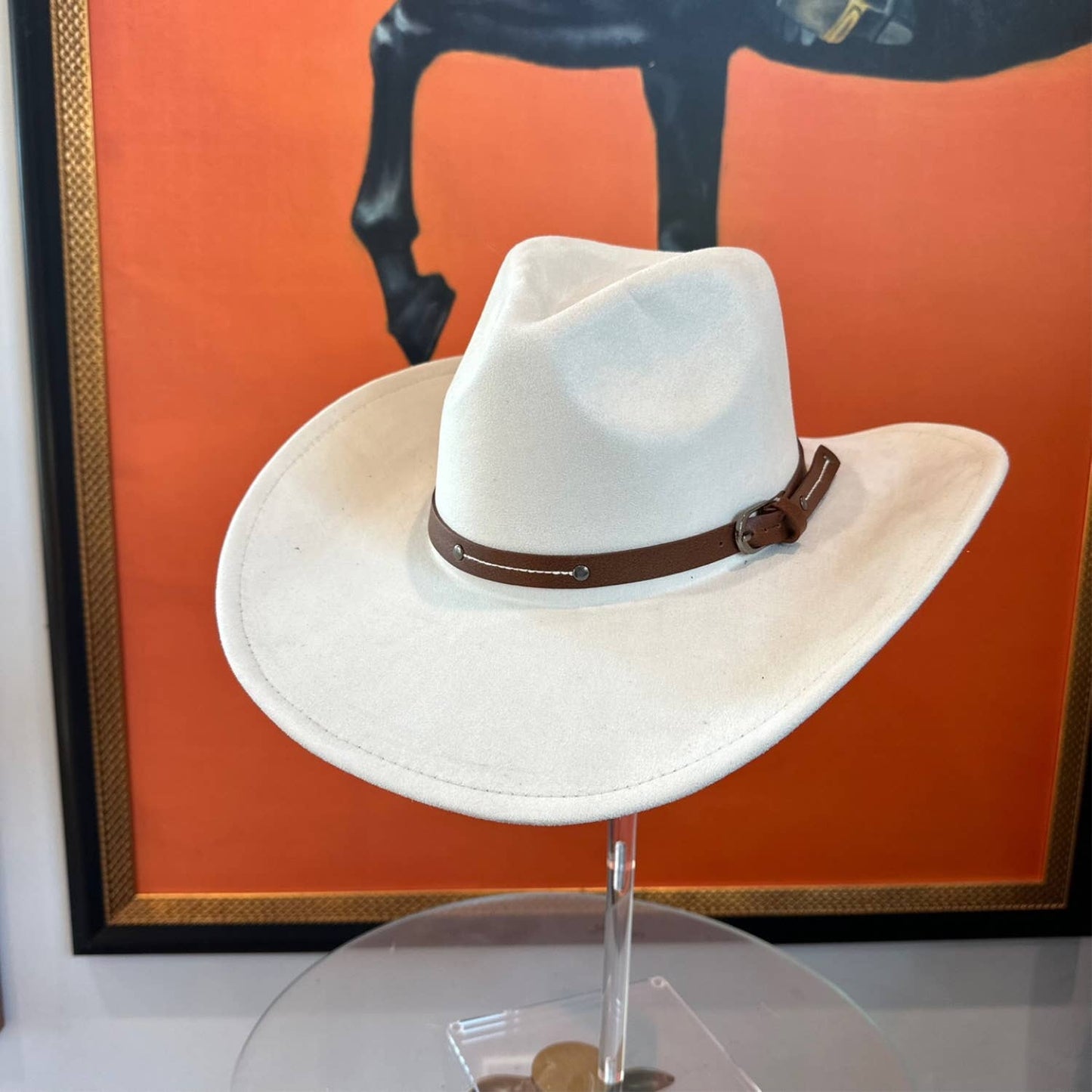 Vegan Suede Cowboy hat stiff Brim W/ Leather  Belt: IVORY / ONE SIZE