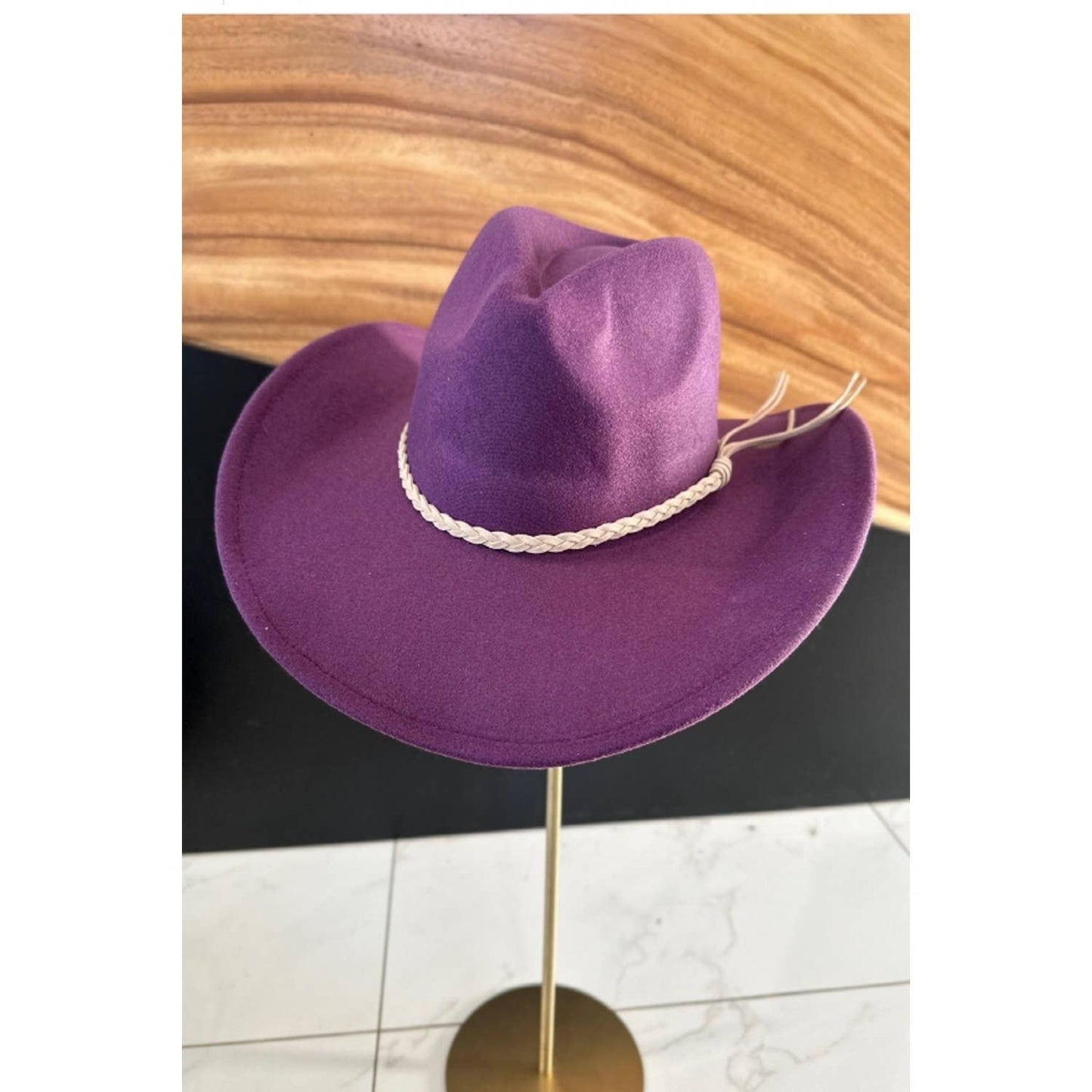 VEGAN FELT COWBOY HAT with Suede Belt: Plum / ONE SIZE