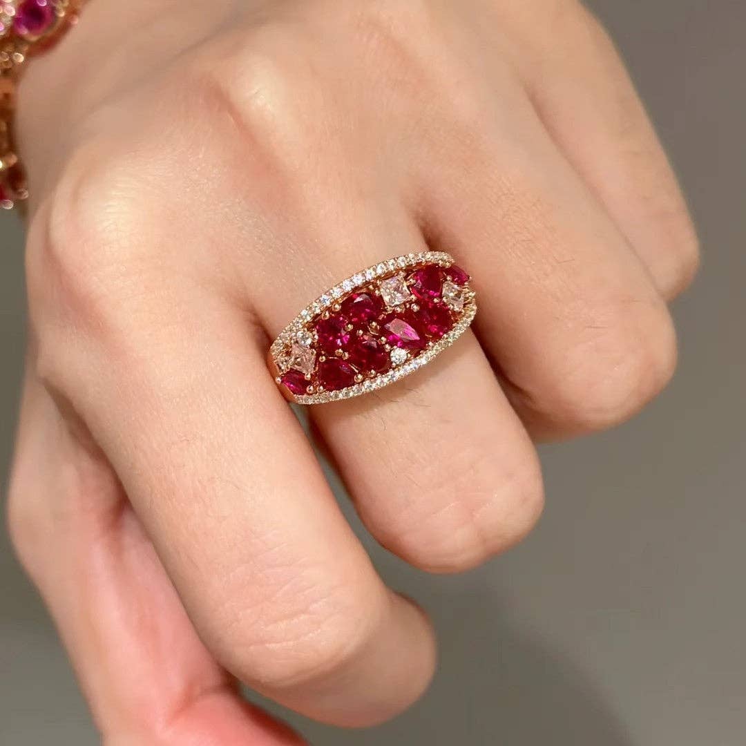 Pavé Crystal Floral Ring: Champagne / Red Corundum Pavé Ring / Adjustable