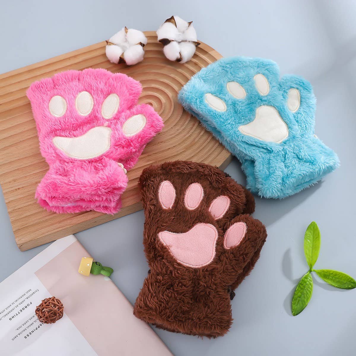 CARTOON CAT PAW BEAR PAW PLUSH HALF FINGER GLOVES_CWAG0175: DARKCOFFEE / (OS) 2