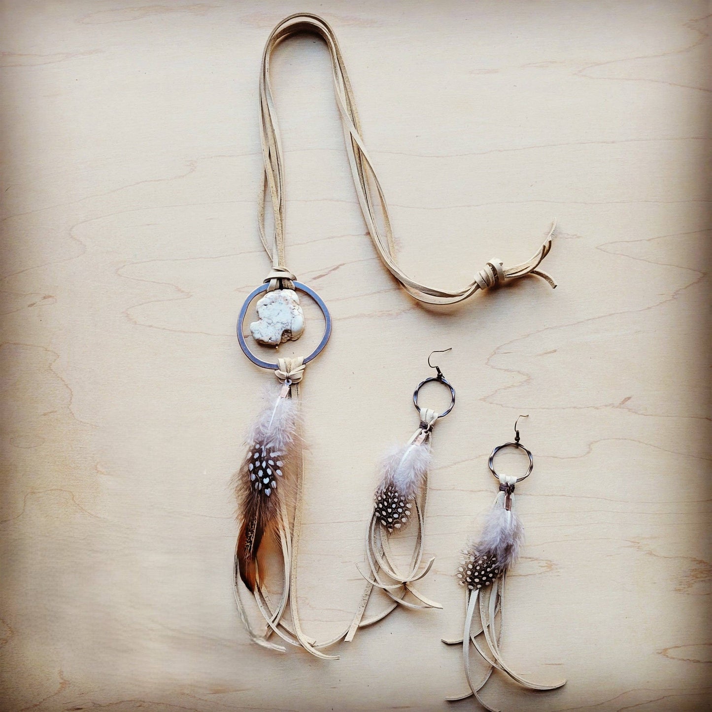 Boho Bone Deer Skin Leather Tassel Earring-Spotted Feather 217d: Multi