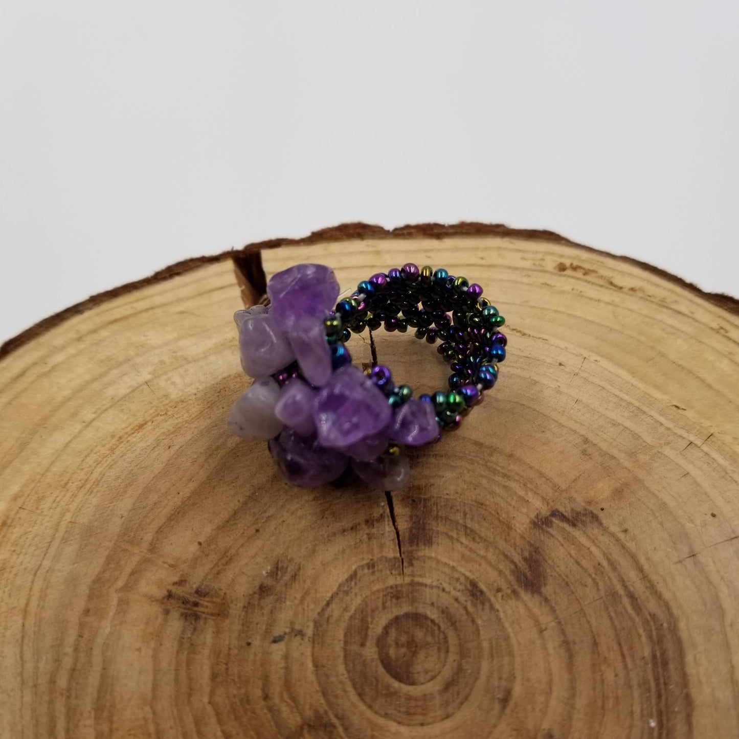 Natural Amethyst Crushed Stone Seed Bead Elastic Ring