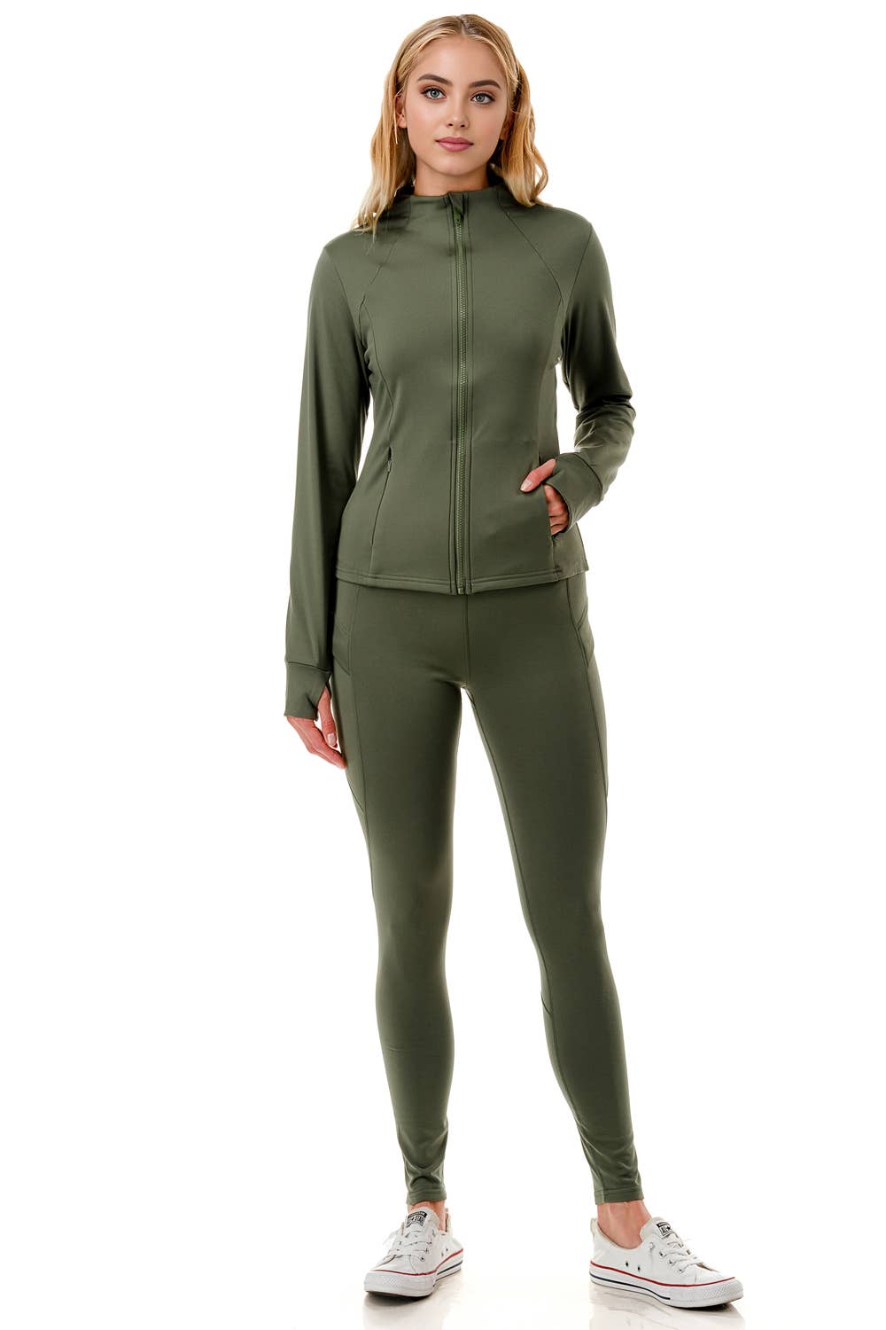 Fleece lined activewear define jacket with legging yoga set: Black