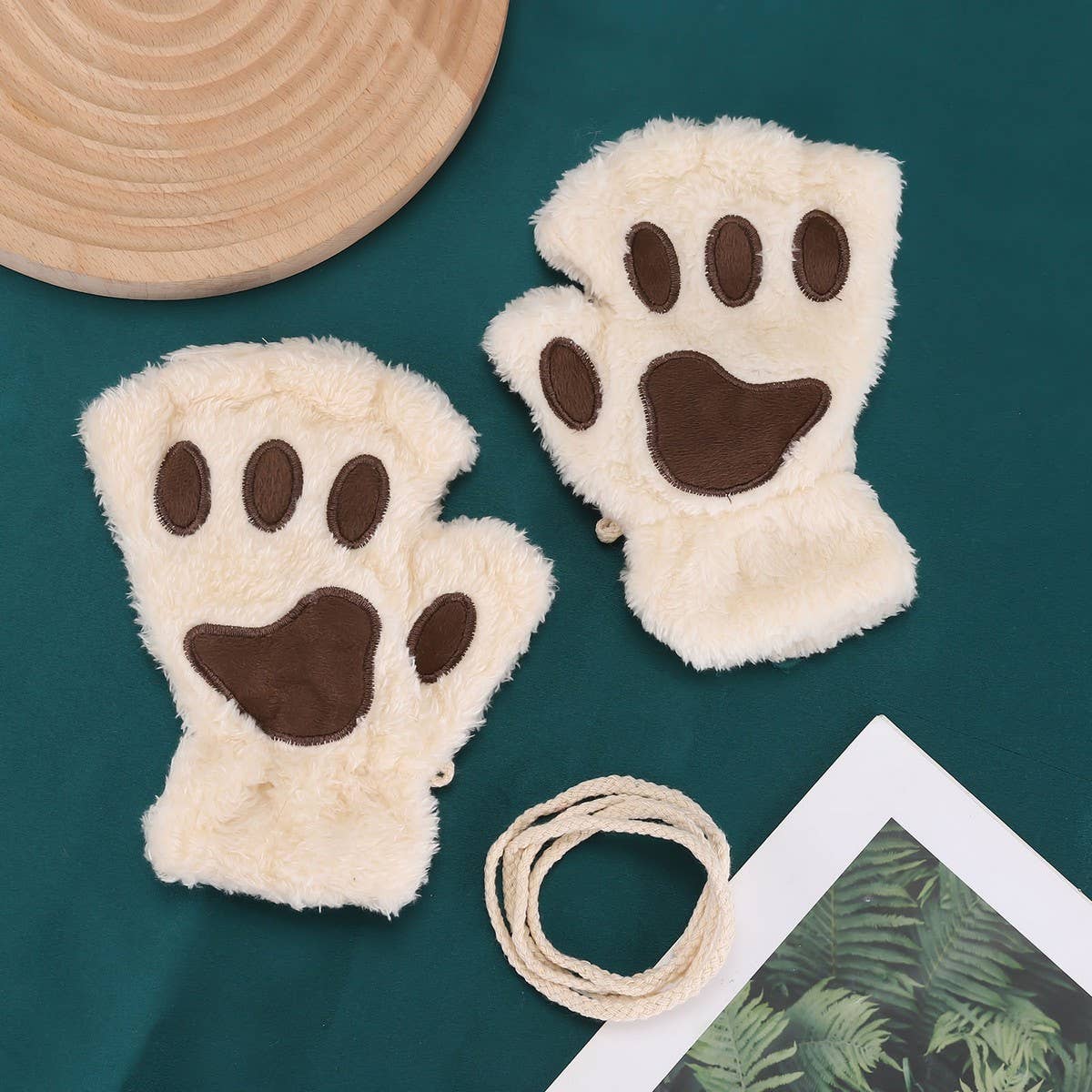 CARTOON CAT PAW BEAR PAW PLUSH HALF FINGER GLOVES_CWAG0175: ROSE / (OS) 2