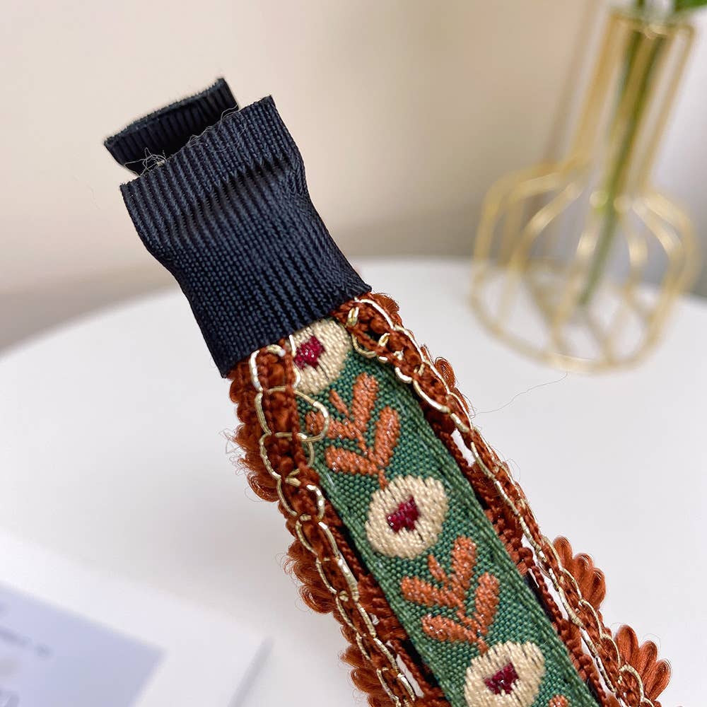 Boho Embroidered Floral Fabric Hair Bands: Black