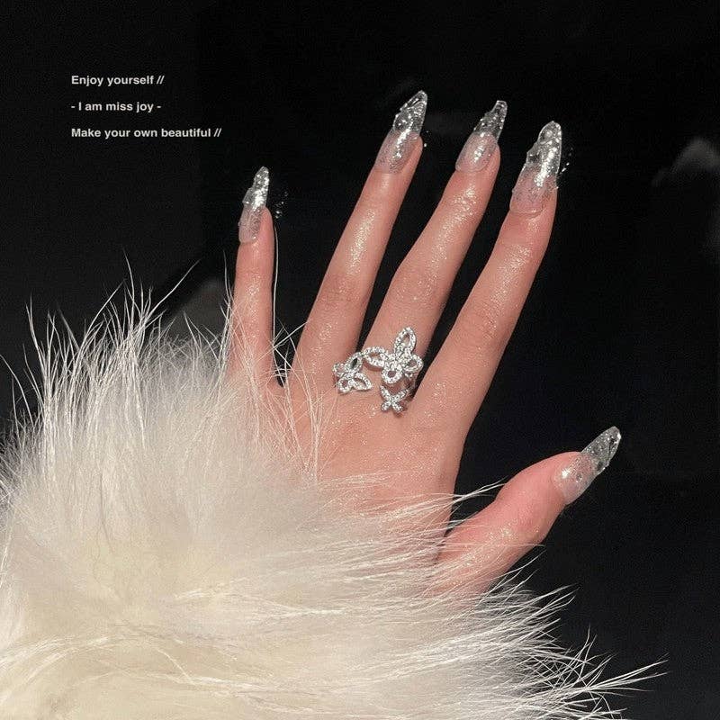 Refined Crystal Butterfly Ring: Silver-Tone / Triple Butterfly Ring / Adjustable