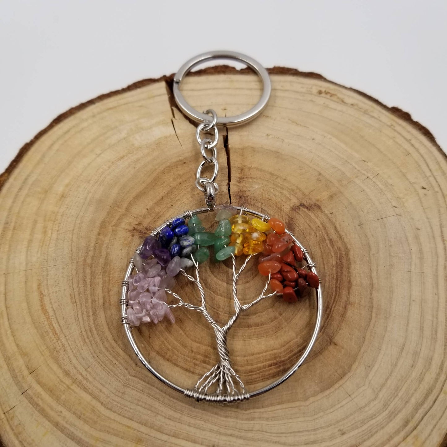 Natural Crushed Stone Crystal Life Tree Keychain: Gold