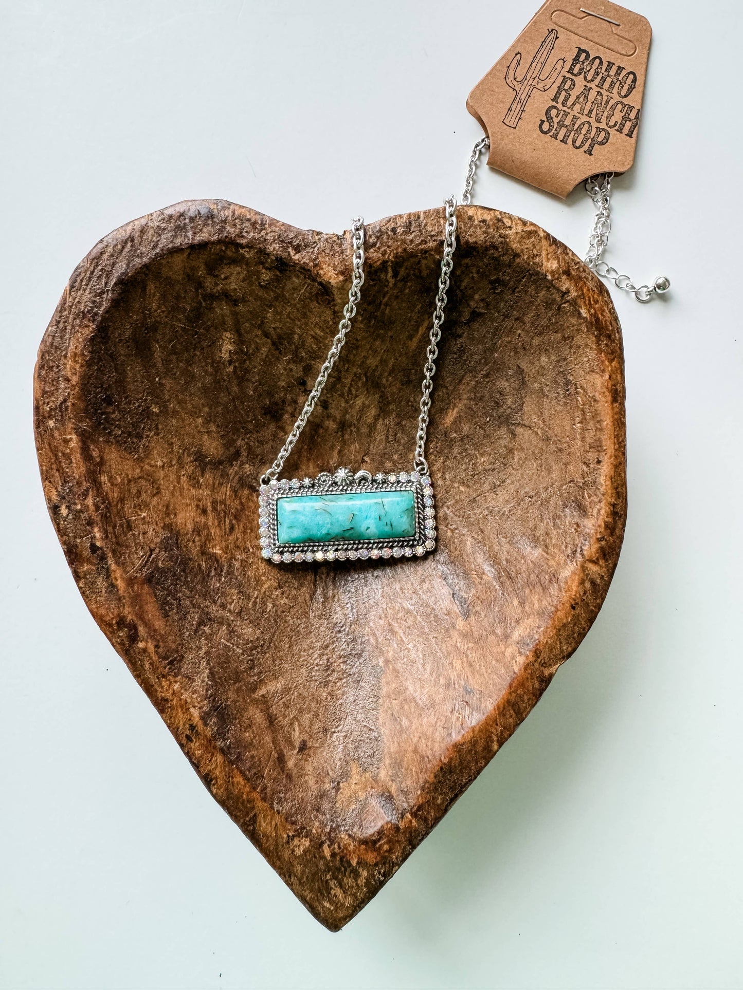 Western Semi Stone Bar Necklace - with Rhinestone edge: TURQUOISE/ BROWN