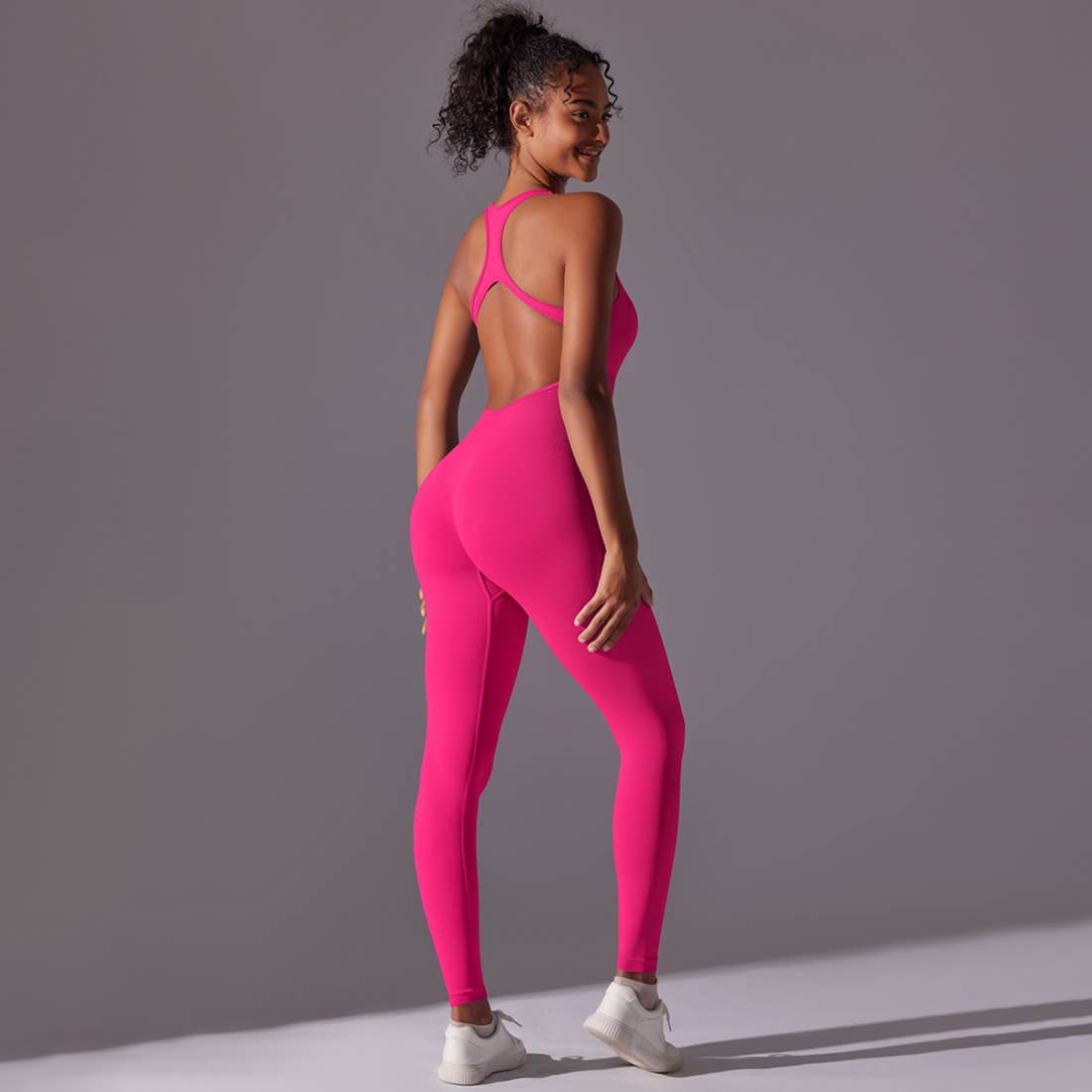 Women Seamless Women's I-Back Tight Yoga Sport Jumpsuit: Gray / S
