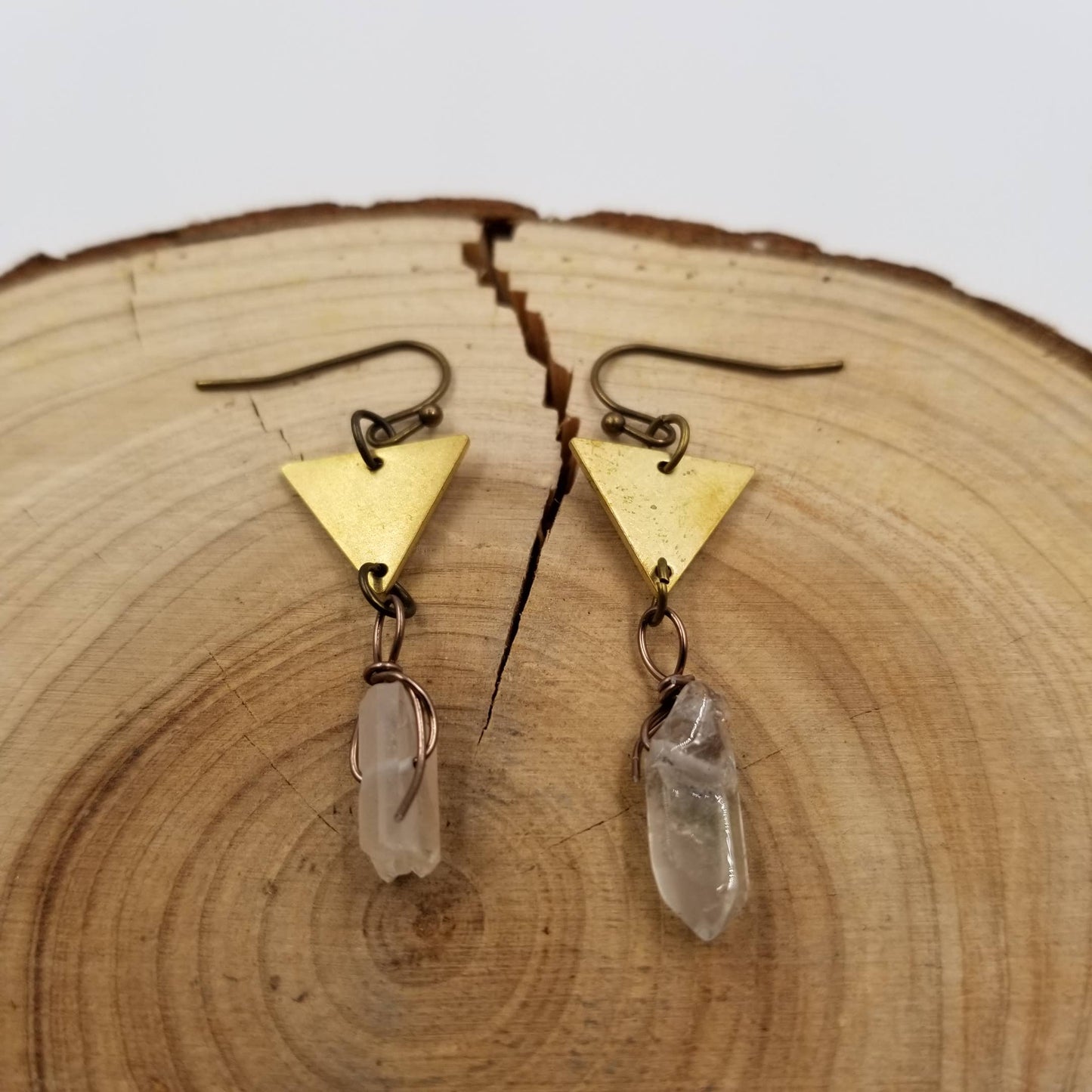 Vintage Triangle Wrapped Quartz Pendant Earrings