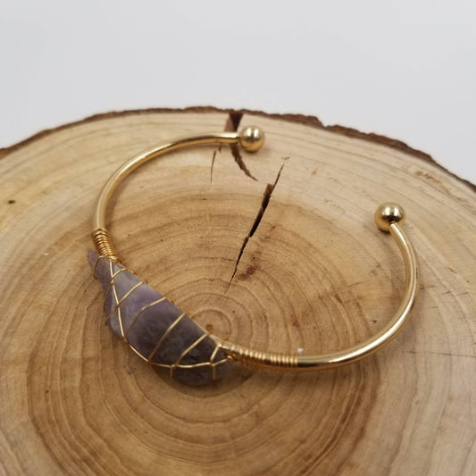Gold Crystal Cuff Gem Stone Bangle Boho Bracelet: Purple
