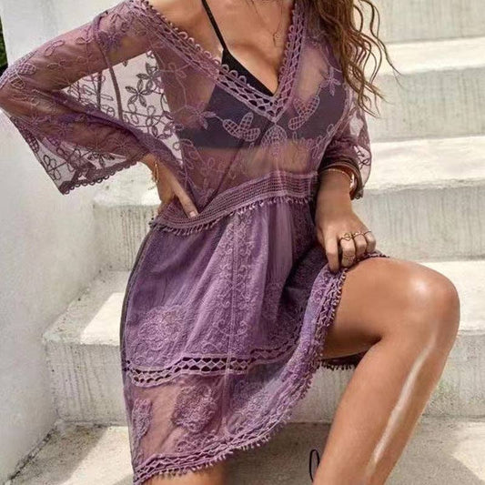 Sexy Loose Beach Cover-Up Dress: PURPLE / AVERAGE