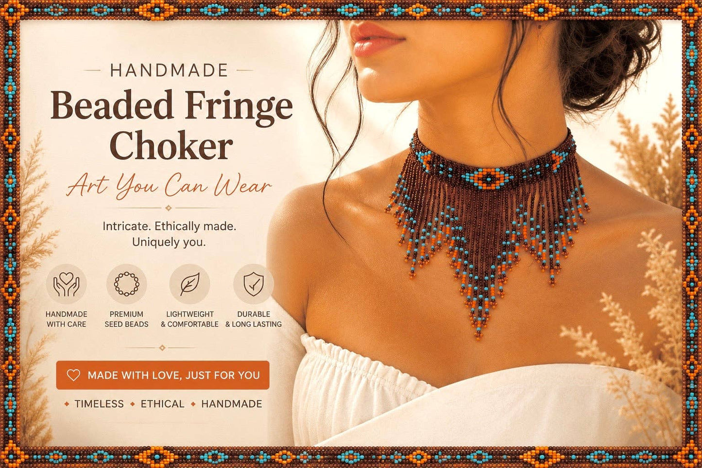 Handmade Beaded Brown Seed Bead Choker Necklace