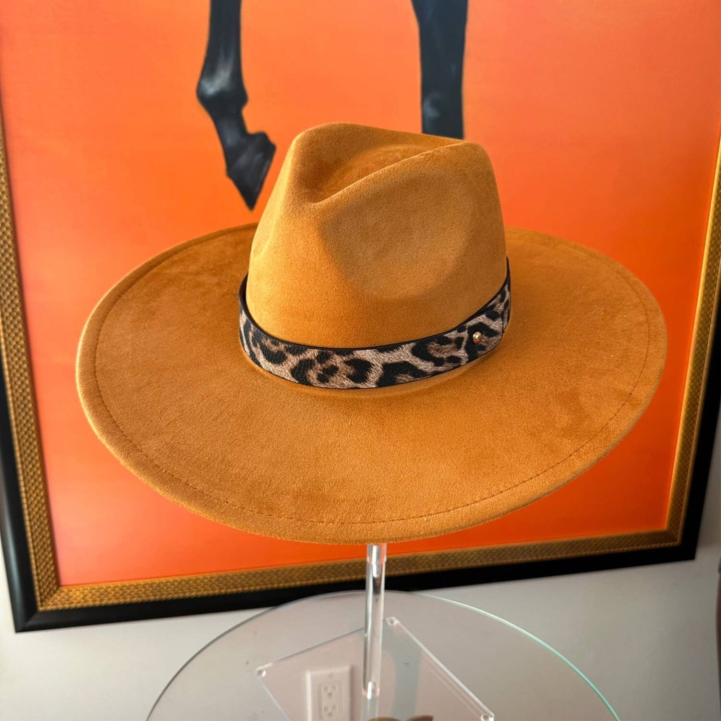 Classic Wide Brim Suede Hat W/ Leopard Leather Belt: BLACK / ONE SIZE