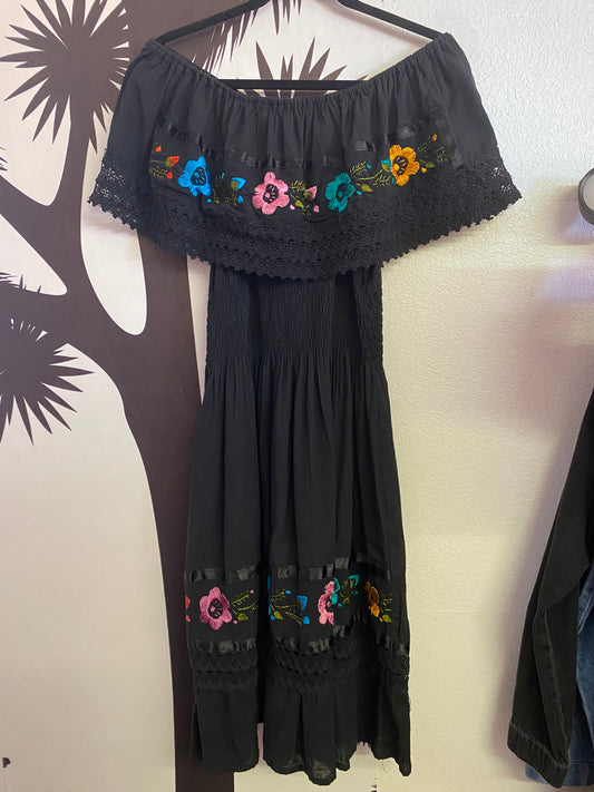 Black flower off shoulder dress