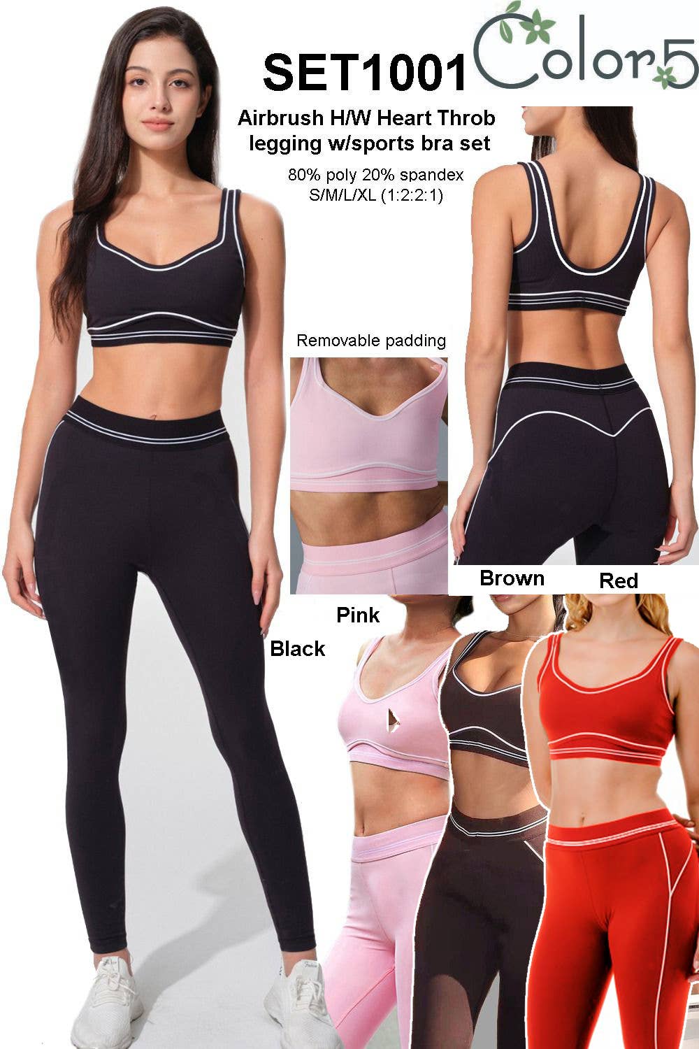 Premium sports bra with matching white trim line legging set: Black