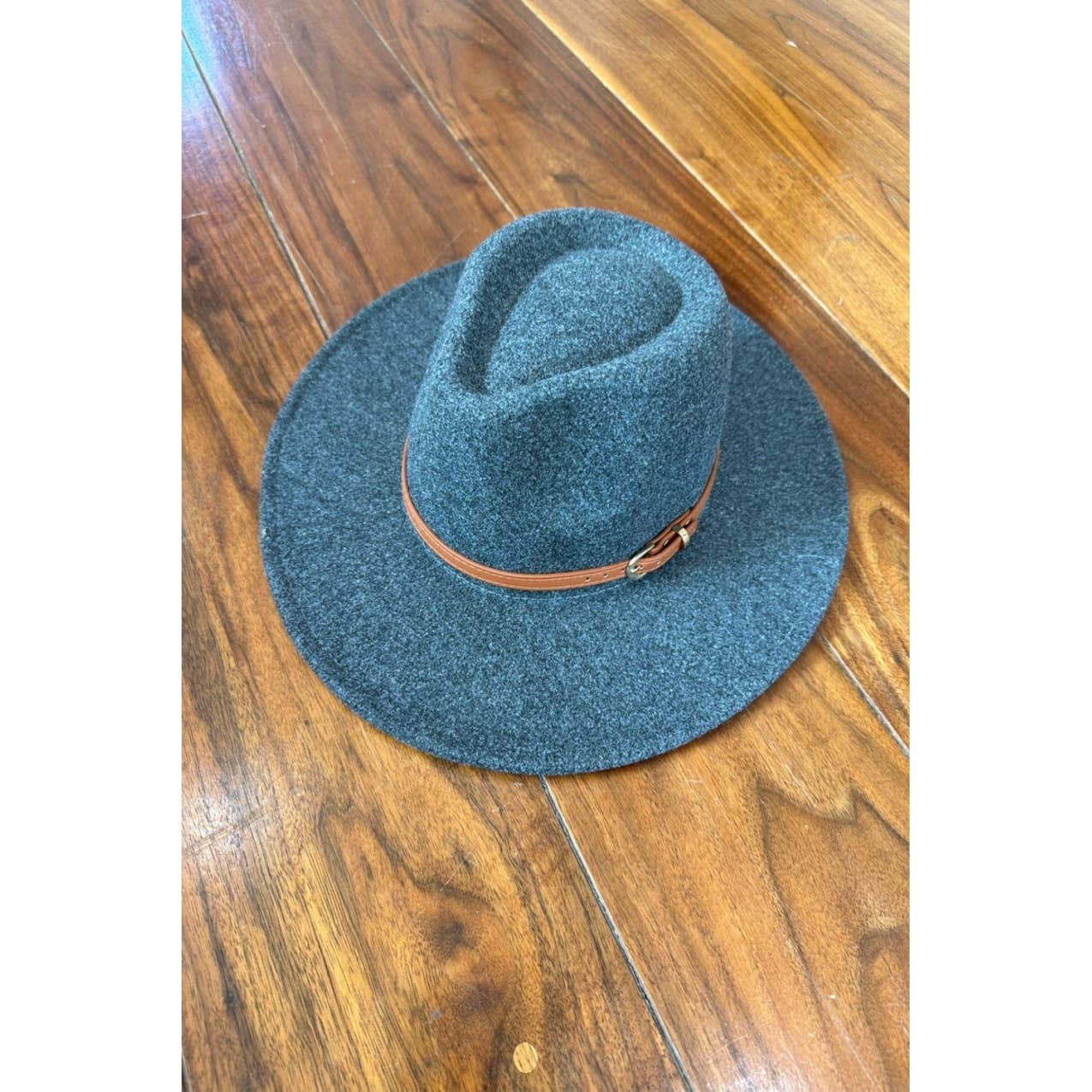 Wide Brim Fedora Hat With leather Belt: CHARCOAL / ONE SIZE