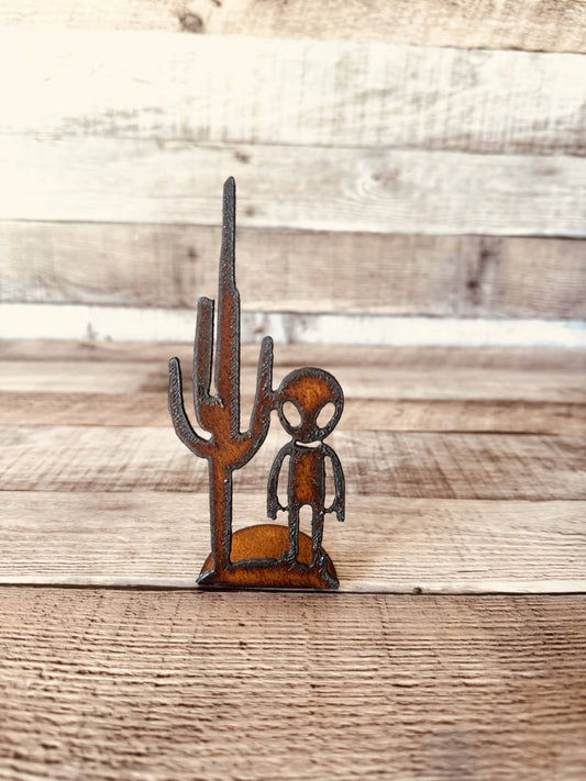 Alien with Cactus Rustic Metal Area 51 Doodad Figurine