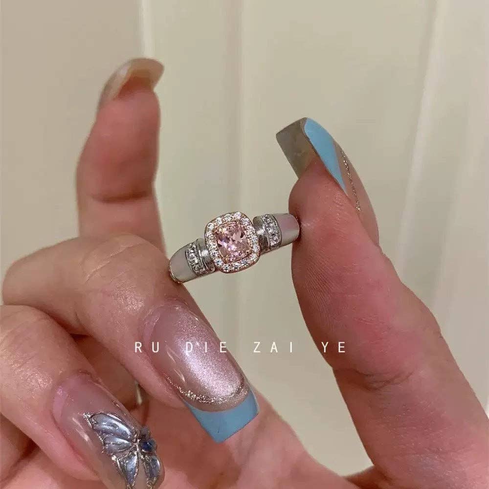 Pavé Crystal Mother-of-Pearl Ring: Silver-Tone / Sugar Cube Ring / Adjustable
