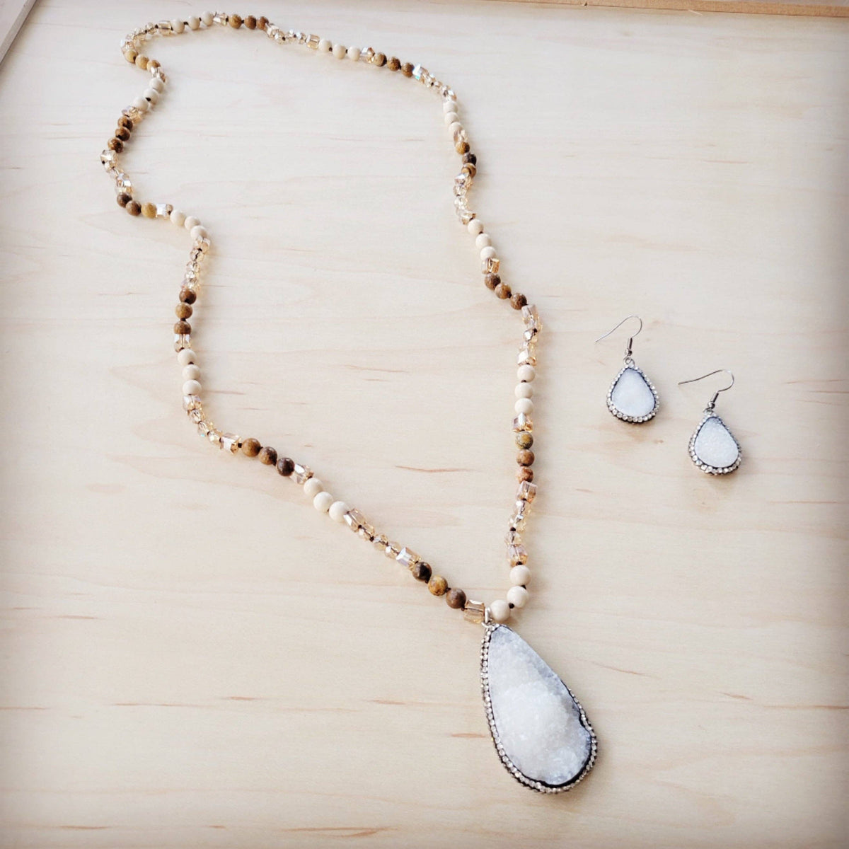 **Picture Jasper Beaded Necklace w/ Druzy Pendant