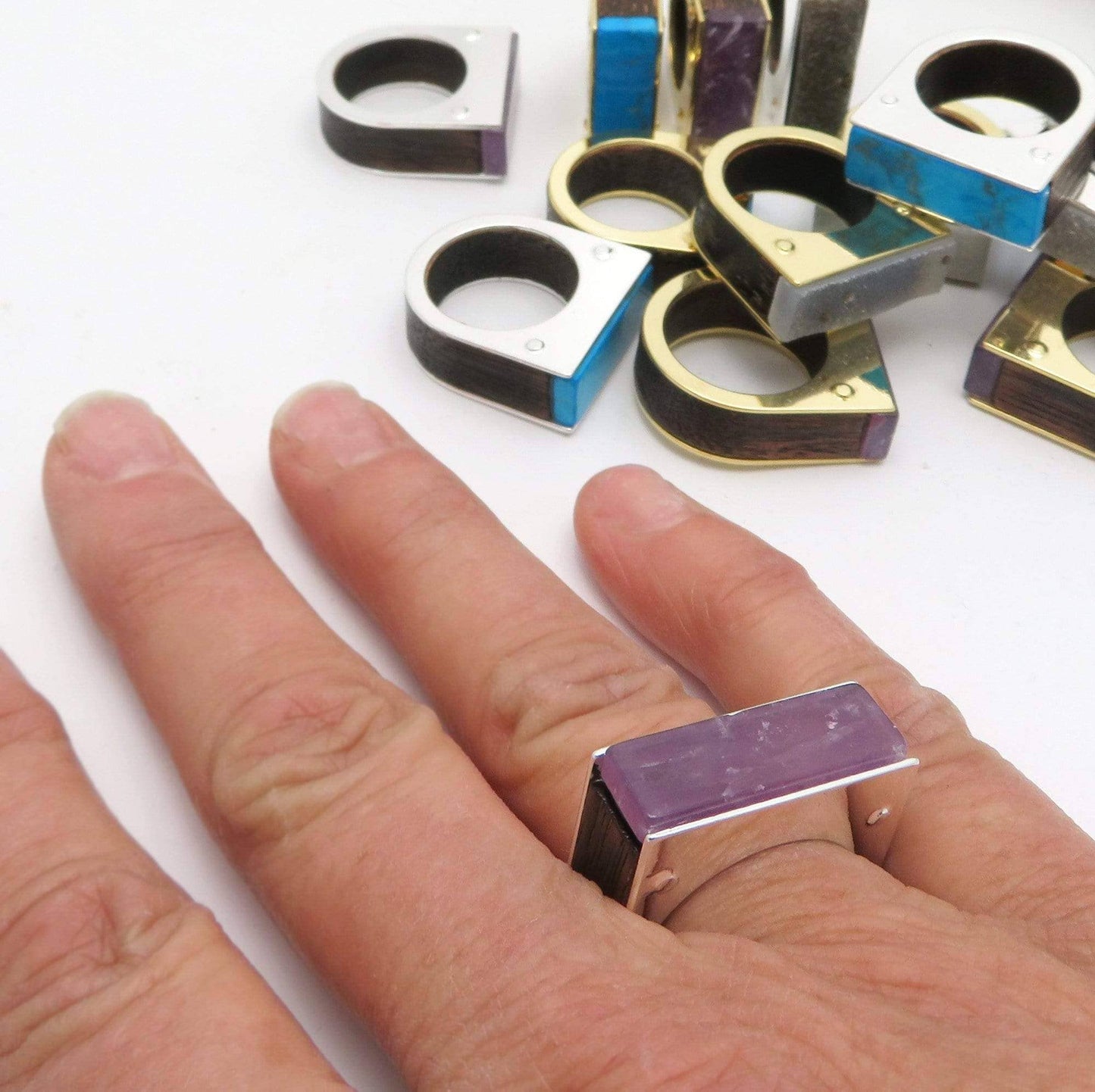 Crystal Stone Ring with Wood and Electroplated Edge: Silver / 8 / Turquoise howlite