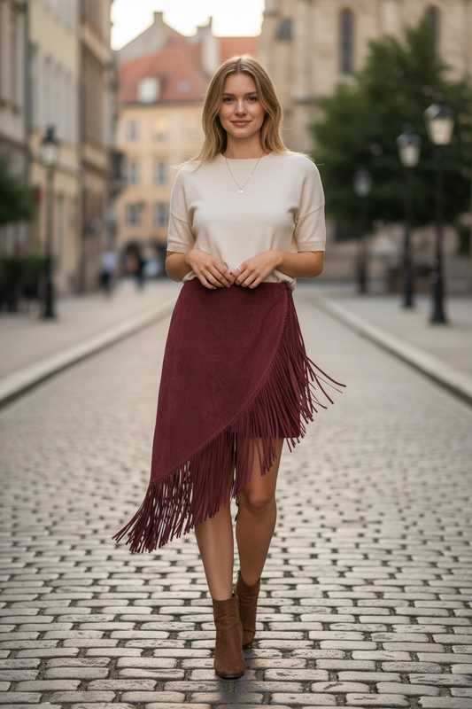 Burgandy side fringe skirt