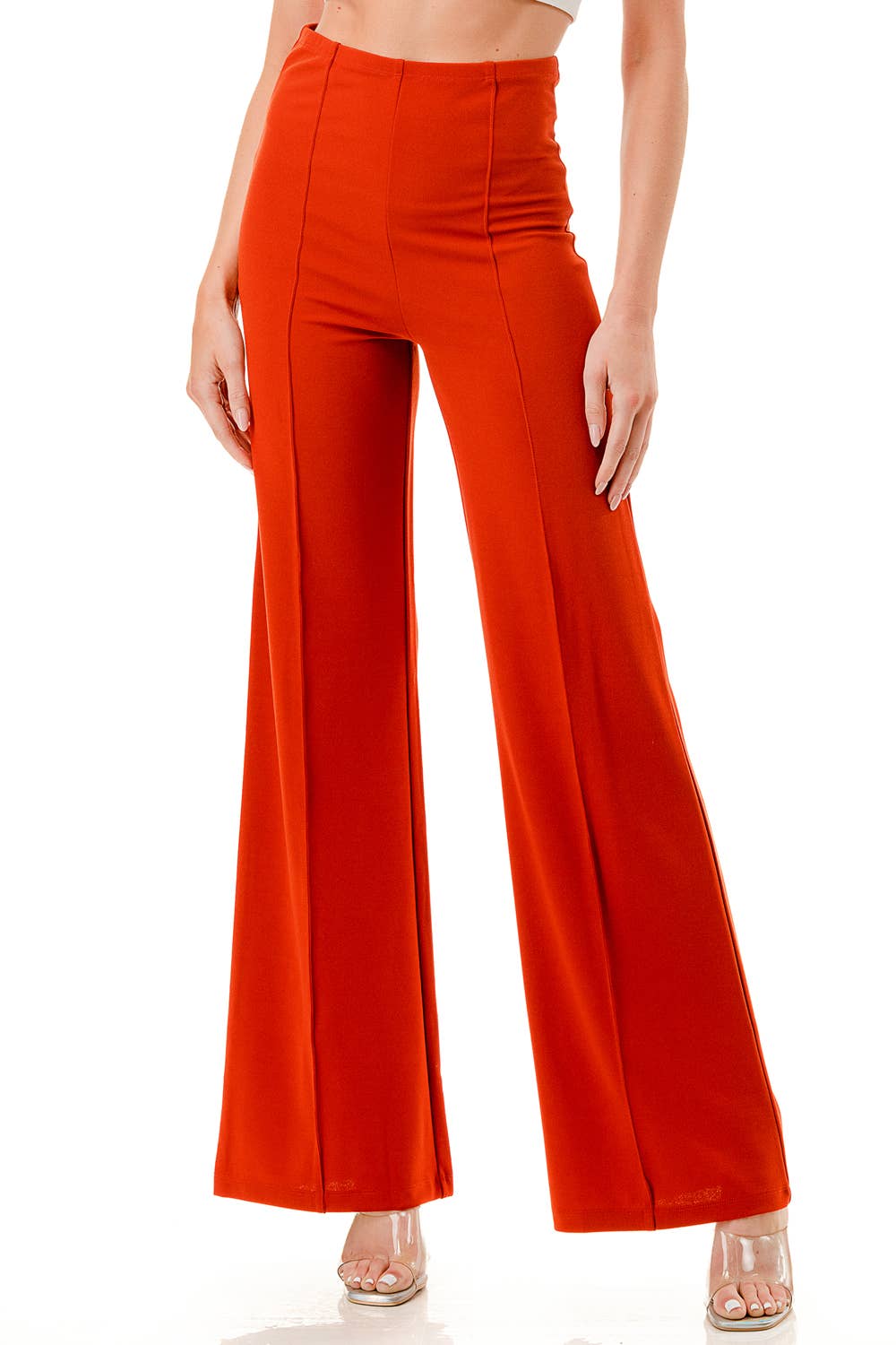 Solid color wide leg high waist dressy pants with trim line: Rust