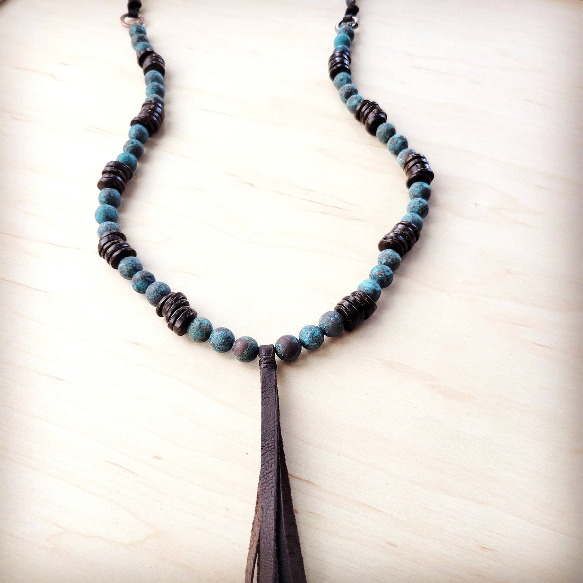 **Natural American Turq Necklace w/ Wood Beads & Tassel