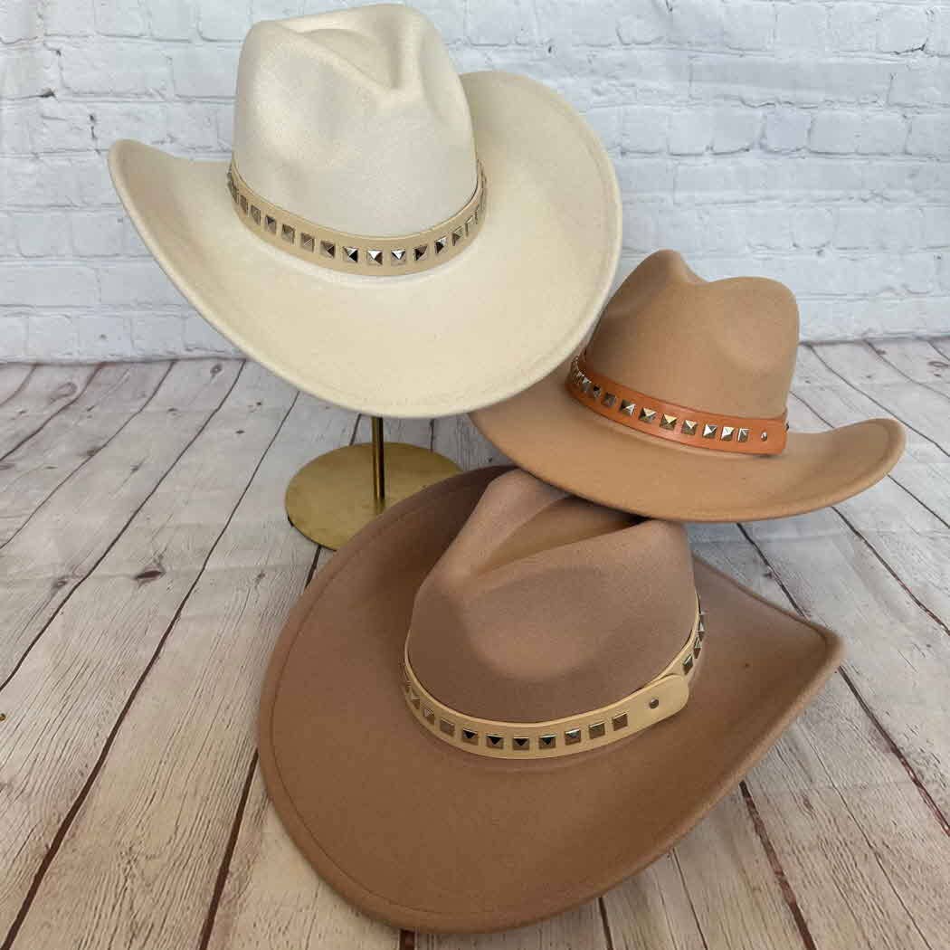 Vegan Cattlemen Cowboy Hat with Embellishments leather Belt: BROWN / ONE SIZE