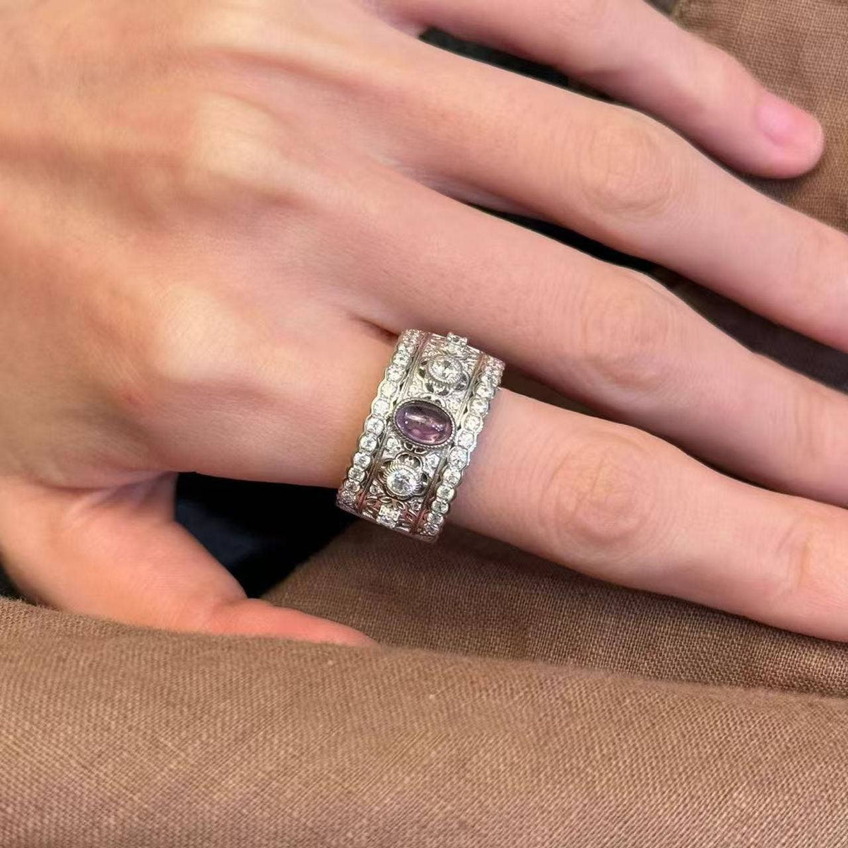 Refined Statement Ring: Silver-Tone / Purple Gemstone Texture Ring / Adjustable